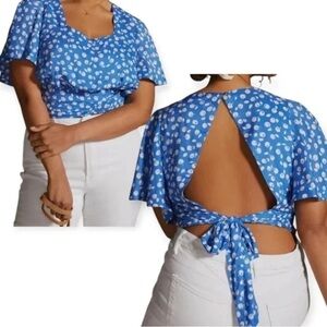 ANTHROPOLOGIE MAEVE womens size XS blue white apple print tie waist crop top